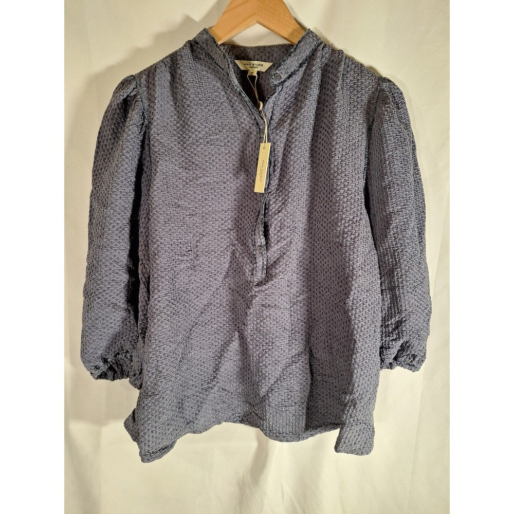 Max Studio London Women Flint Grey Textured Puff Sleeve Mock Neck Blouse M NEW